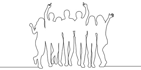 Continuous line, group of people hugging and raising hands in joy, happiness Hand drawn art lines vector on transparent background, editable strokes.