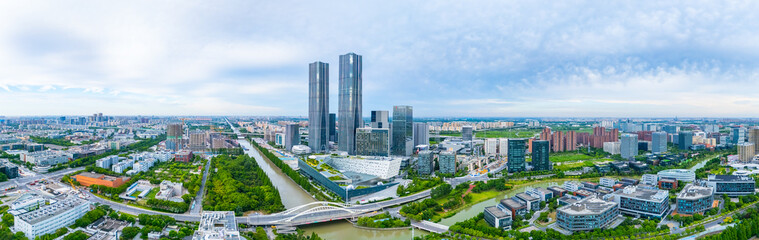 Fototapeta premium Panoramic aerial view of Shanghai Zhangjiang Hi Tech Development Zone on sunny day.