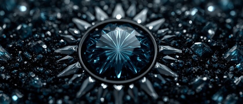 Closeup of a blue diamond radiating light surrounded by dark metallic facets and particles