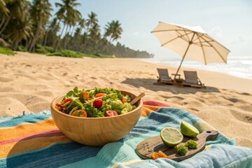 Delicious fresh salad on sandy beach provides a healthy meal along a tropical ocean coastline on a relaxing summer day.