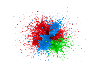 Explosion of red and teal paint splashes forming a flower shape isolated on transparent background