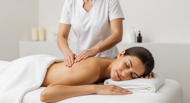 Mujer recibiendo masaje relajante en spa con ambiente blanco y tranquilo, concepto de bienestar, cuidado personal y relajaci&oacute;n corporal