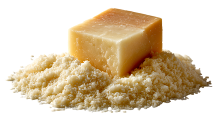 A wedge of aged hard cheese resting on a pile of finely grated cheese isolated on transparent background