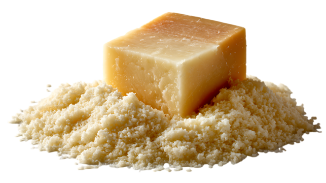 A wedge of aged hard cheese resting on a pile of finely grated cheese isolated on transparent background