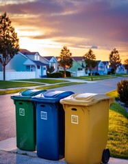 trash and recycling bins lined up in a suburban neighborhood