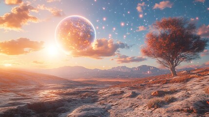 A Mars-like barren land with a holographic overlay of possible reforestation