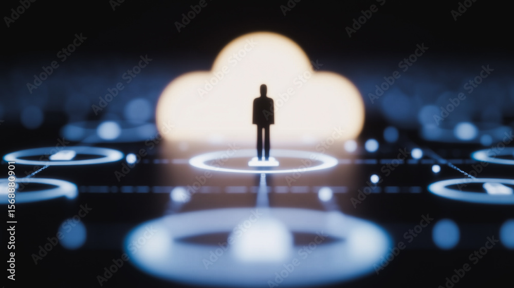 Poster digital ecosystem: a silhouette of a person stands at the center of a digital network with a cloud c