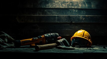 Construction Tools and Equipment Ready for Work on a Wooden Surface Under Dramatic Lighting