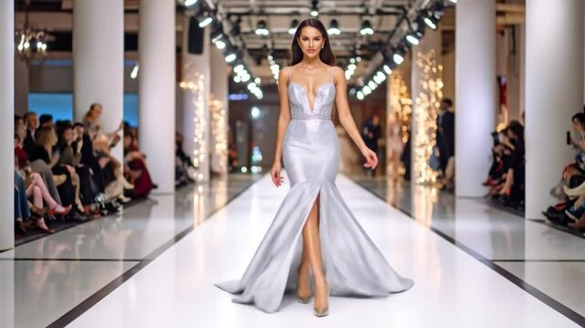 A woman in a silver gown walks a fashion show runway, with a crowd of spectators in the background