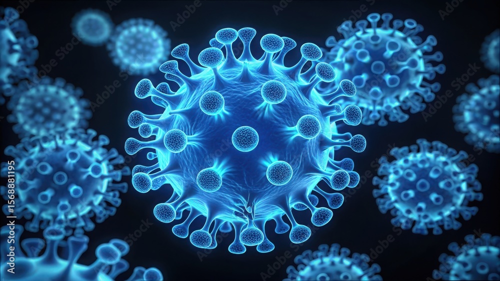 Poster glowing enzyme structures in blue against a dark background