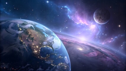 Earth and moon in a vibrant nebula with glowing city lights at night