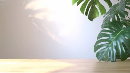 Minimalist background with a wooden surface, light and shadows and monstera leaves