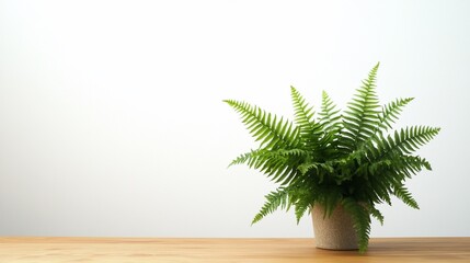Potted green fern on a wooden table with a plain white background showcasing simplicity
