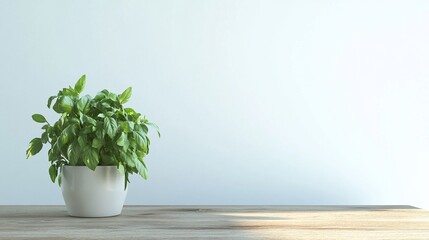 Potted basil plant on a wooden surface against a plain light blue background