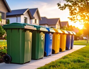 trash and recycling bins lined up in a suburban neighborhood