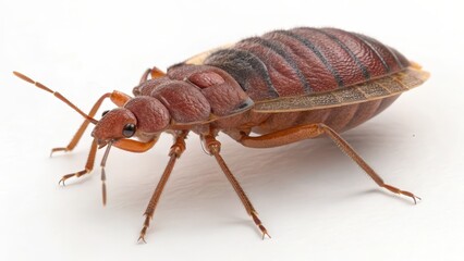 Close-up of a brown insect with wings on a white background. bedbug concept