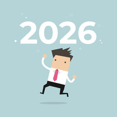 Businessman celebration of the New Year 2026 in an office cartoon illustration.