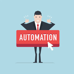 Businessman with automation button cartoon illustration.