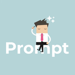 Businessman sitting on the word prompt with a thoughtful expression illustrating creativity and innovation in the workplace cartoon illustration.