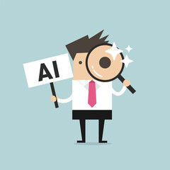 Businessman holding a magnifying glass and a sign promoting artificial intelligence cartoon illustration.