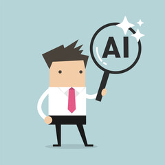 Businessman examining artificial intelligence concept with a magnifying glass in cartoon illustration.