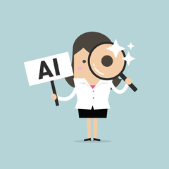Businesswoman holding a magnifying glass and a sign promoting artificial intelligence cartoon illustration.