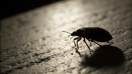 Silhouette of a bug on a textured surface in low light. bedbug concept