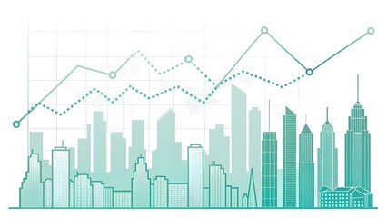 City skyline silhouette with upward trending financial graph and world map overlay