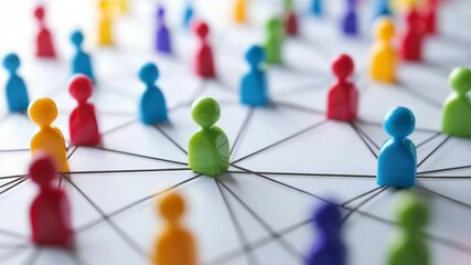 Colorful plastic figures linked by black lines on white surface symbolizing social network connection teamwork communication collaboration vibrant dynamic atmosphere