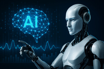 A highly realistic humanoid robot reaches toward a glowing digital brain labeled “AI,” with data visualizations in the background.