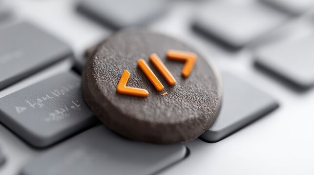 Close up of a circular button with orange angle brackets and parallel lines on a keyboard