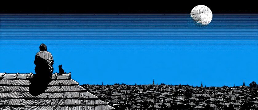 A solitary figure and a black cat sit on a rooftop overlooking a city skyline under a full moon