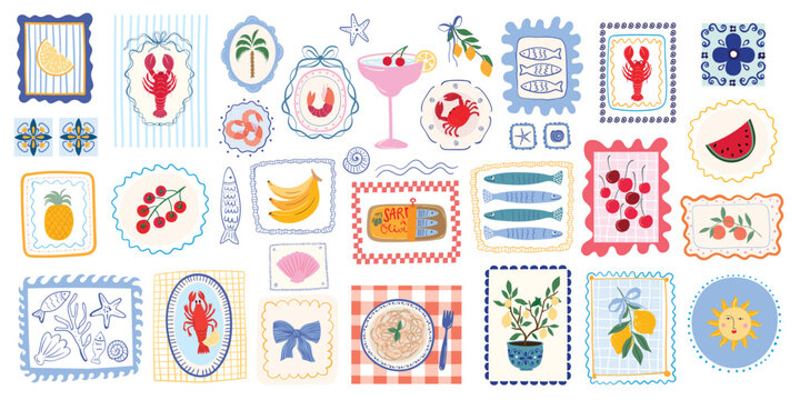 Summer Mediterranean elements collection, Italian food and marine frames, stamps, posters, retro style, aesthetic vector illustration