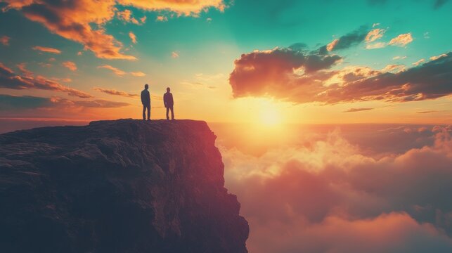 Two people stand on a cliff top at sunset, silhouetted against the clouds and sun. - Powered by Adobe