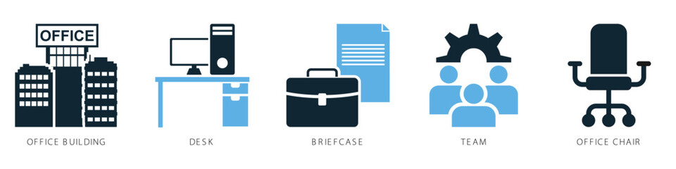 Set office icon vector, a comprehensive collection of business and workspace symbols. Perfect for illustrating corporate environments, productivity tools, and administrative tasks.