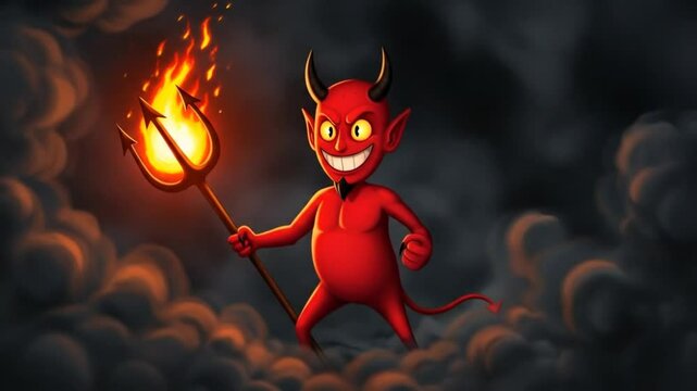 Devil Cartoon Holding Torch Emerging from Smoke Clouds