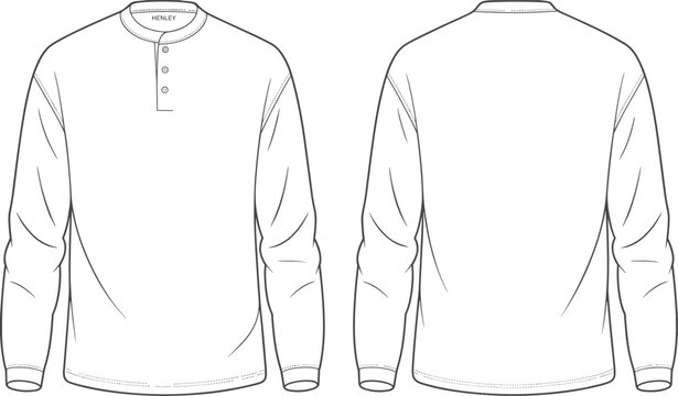 Men’s henley shirt fashion flat sketch, long sleeve top front and back view, vector apparel template for design use flat vector illustration