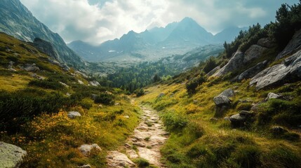 Obraz premium A winding stone path leads through a grassy valley towards a majestic mountain range shrouded in mist.