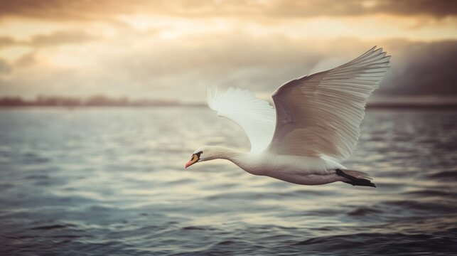 A white swan with outstretched wings flies over a lake at sunset.