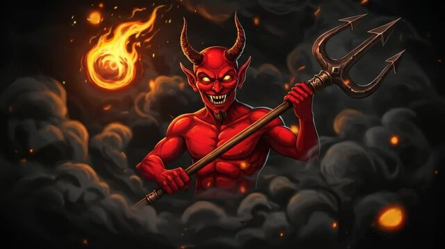Angry Devil Cartoon with Pitchfork in Fire and Smoke