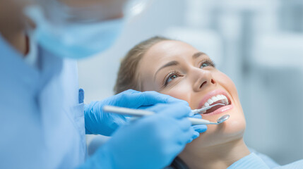 Fototapeta premium Female dentist examining a woman patient in a modern dental clinic, professional healthcare environment, oral checkup, medical care, clean and bright clinic interior.