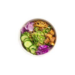Delicious and Healthy Tofu Noodle Bowl with Avocado, Cucumber, and Red Cabbage