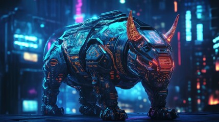 Cybernetic rhinoceros in a futuristic city at night