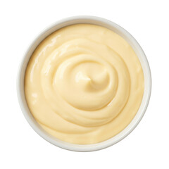 Creamy mayonnaise in a white bowl, smooth texture, isolated on a clean background for culinary use