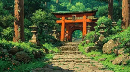 Naklejka premium An ancient stone pathway leads through a lush forest to a vibrant red Japanese shrine gate