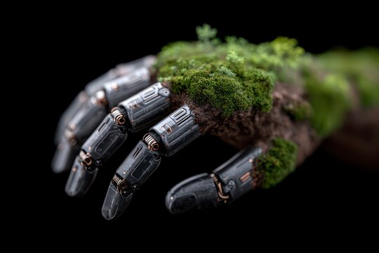 Robotic hand fused with moss and earth against a black background mechanical