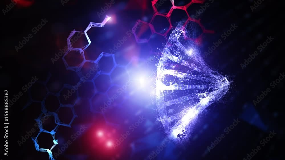 Sticker artistic science flickering red blue digital lights with dna chain and hexagon bonds loop rotation.