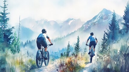 Fototapeta premium Two men are riding bikes on a trail