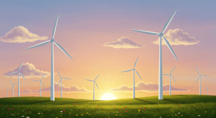 Sunset over a Field of Wind Turbines Clean Energy and Renewable Power
