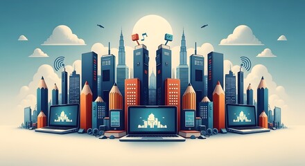 Imaginative Digital Art of a Cityscape Formed by Educational Tools and Technology Devices